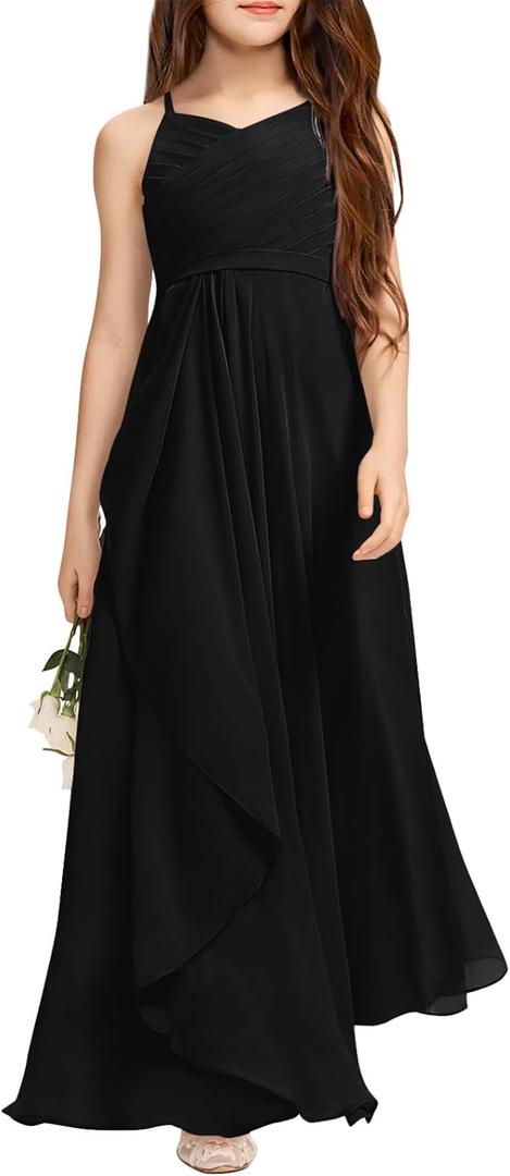 Imily Bela Girls A-Line Halter Dress Junior Bridesmaid Flower Girl Flowy Chiffon Maxi Dresses Wedding Party Pageant Gown (10-12 Years)