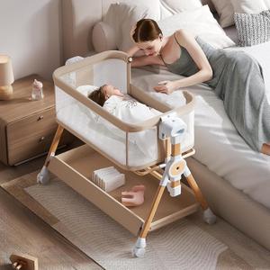 Baby Bassinet,Bedside Bassinet for baby, Rocking bassinet with Storage Basket and Wheels, Adjustable 6 Heights and All Mesh Sides,Portable Babys Bassinets Bedside Sleeper for Newborn Infant
