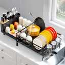 Urackify Large Dish Drying Rack, Expandable Dish Racks for Kitchen Counter, Multifunctional Dish Drainer with Utensil Holder & Cup Holder, 18.5"-26.7" L x 12.7" W, Black