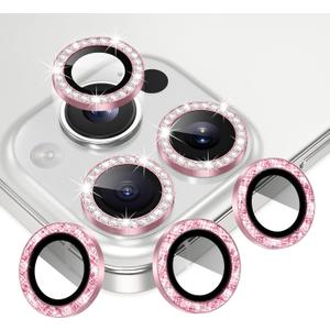 AGVEE 16 Pro & Max 3+3 6 Pack for iPhone 13 6.1" / 13 Mini 5.4" Camera Lens Protector, Bling Diamond & Bling Glitter Metal Ring 9H Tempered HD Glass Camera Cover Film, Bling-Pink