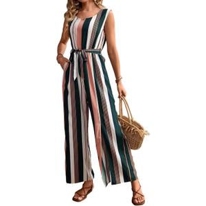 MSLG Women's Overalls Jumpsuit Summer 2026 Casual Work Sleeveless Loose Wide Leg Jumpsuits Romper with Belt and Pockets 814 (Medium)