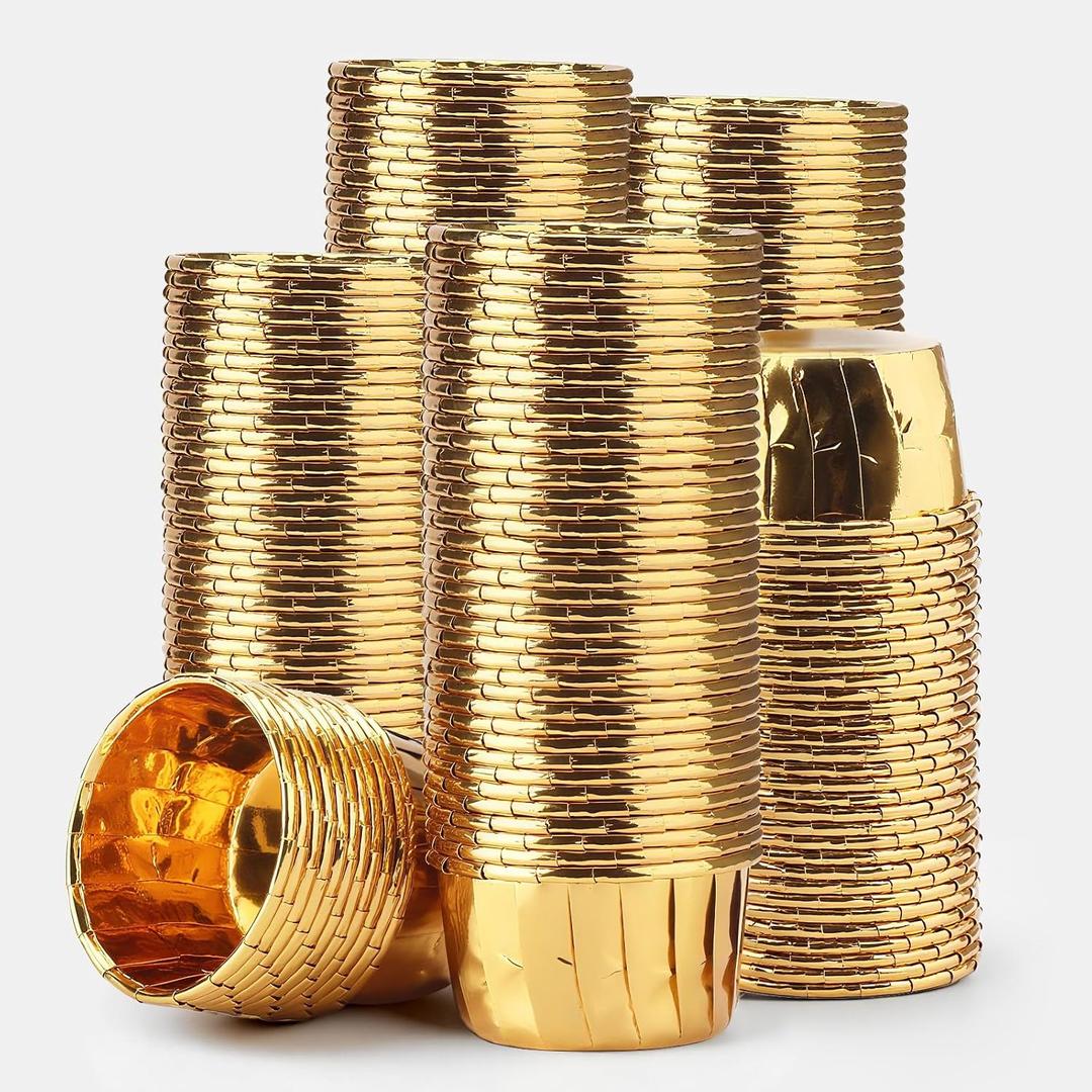 EUSOAR Gold Cupcake Liners, 200pcs 3.5oz Disposable Muffin Foil Cupcake Ramekins, Aluminum Wrappers Paper Cake Containers Mini Cheesecakes Cups Dessert Holders for Birthday Wedding Party Festival