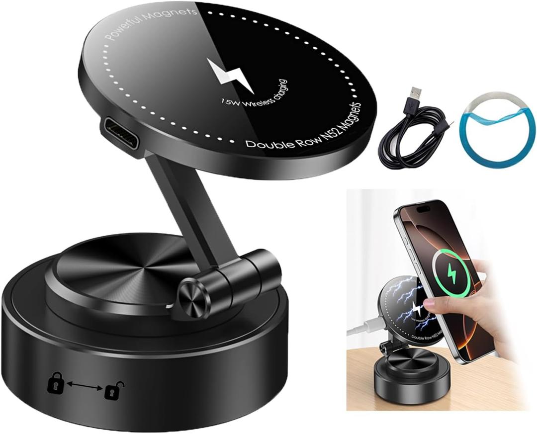 Vacuum Suction Cup Phone Holder, 15W Wireless Charger Magnetic, 360 Adjustable Foldable Car Mount, Compatible with iPhone 12-16 Pro Max, and Most Phones, for MagSafe Car/Gym/Mirror/Shower