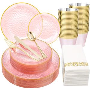 Rubtlamp 175 Pcs Pink Plastic Plates Dinnerware Set (25 Guests), Pink Disposable Plates With Gold Rim, Hammered Party Platos Set Include Dinner Plates, Dessert Plates, Cups, Cutlery for Party