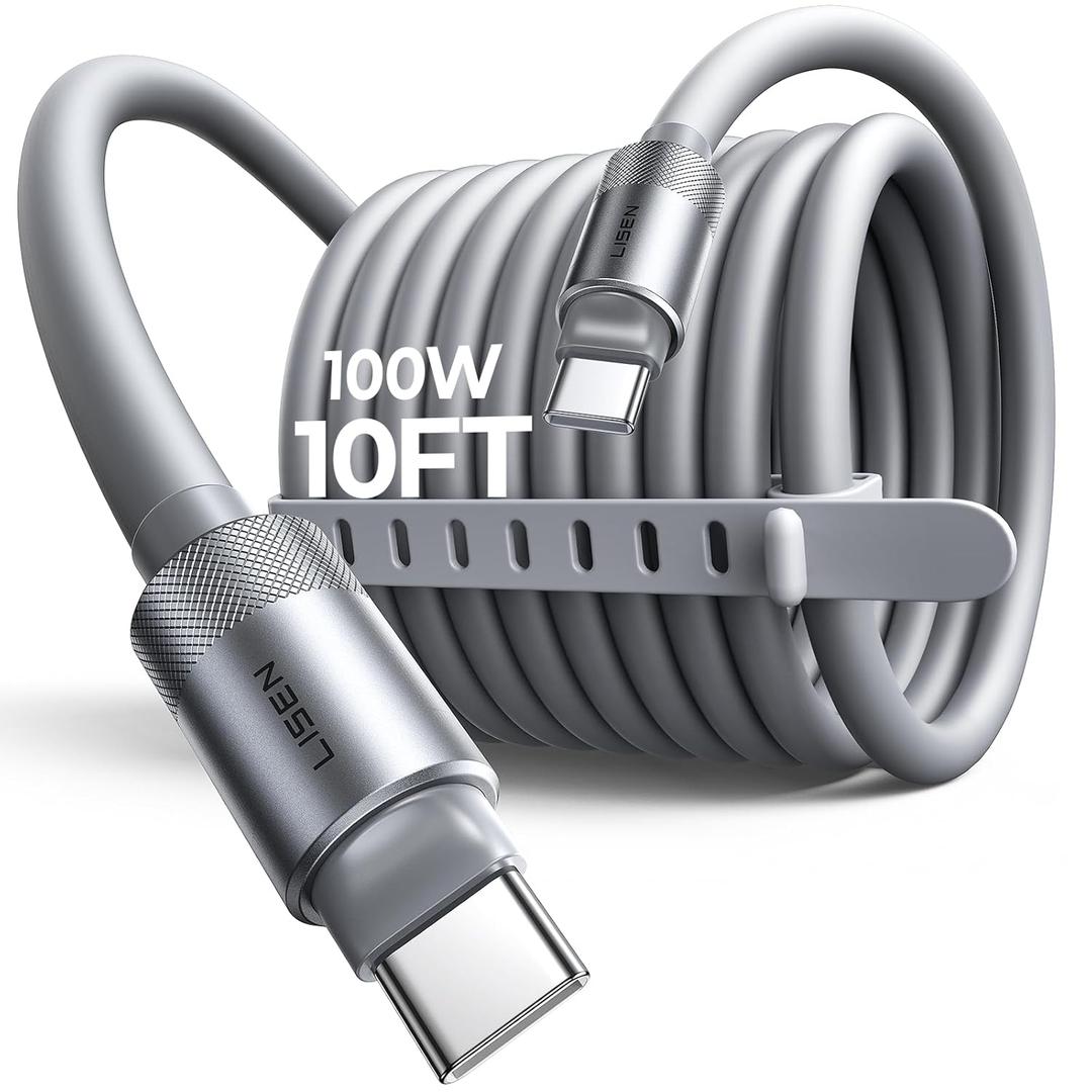 LISEN USB C Cable 10FT, Chubby 100W USB C to USB C Fast Charging Cable, Soft Silicone Long USBC to USBC for iPhone 17 Air 16 15 Pro Max, Samsung S25, MacBook Pro/Air, Switch 2, iPad (Grey)