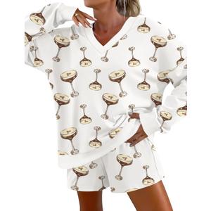 AKEWEI Womens Pajama Sets V Neck Long Sleeve Top and Shorts Cozy Loungewear with Pocket (X-Large, White Wine Glass Print)