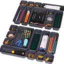 Set of 22 Interlocking Desk Drawer Organizer Tray Dividers Plastic Shallow Narrow Drawers Organizers Separators and Storage Bins Container for Kitchen Bathroom Makeup Office Vanity Bedroom Dresser (Black)