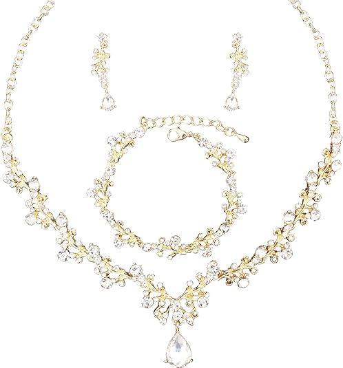 3Pcs Austrian Crystal Jewelry Set for Women, Necklace Dangle Earrings Link Bracelet Jewelry Set with Gold/Platinum/Gun Plated, Wedding Party Jewelry for Bridal Bridesmaid