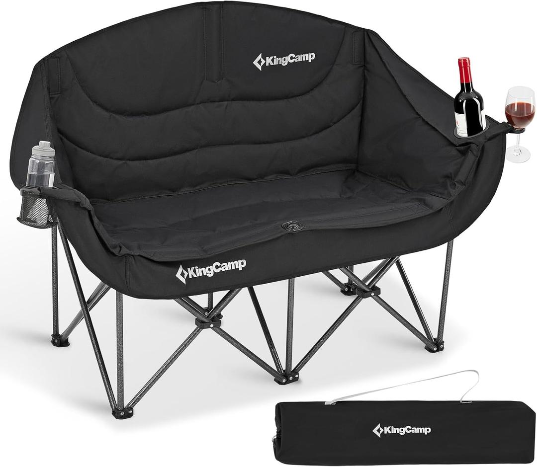 KingCamp Double Camping Chair, Oversized Heavy Duty 660lbs Loveseat for Adults Portable Folding XL 2 Person Couch Padded Comfortable Two Seat with Cup Holder for Outdoor Lawn Backyard, Black