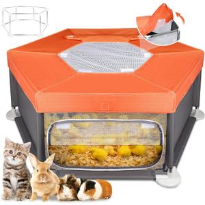 45"x45"x19.7" Sturdy Stainless Steel Frame Small Animal Playpen, Brooder Box for Chicks with Removable Roof & Bottom Pad for Easy Cleaning, Pet Playpen for Ducks, Kittens, Bunnies, Quails, Guinea Pigs
