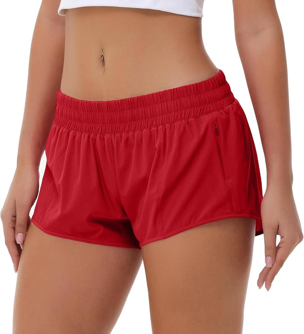 Aurefin Lightweight Athletic Shorts for Women, Quick Dry Running Shorts with Zip Pocket and Liner Womens Gym Workout Shorts (Red, S)