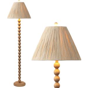 JONATHAN Y 61.5" Brown Wood Finish Bobbin LED Floor Lamp, Modern Rustic Spindle Standing Lamp with Light Brown Pleated Paper Shade, Farmhouse Decor, LED Bulb Included JYL5400A