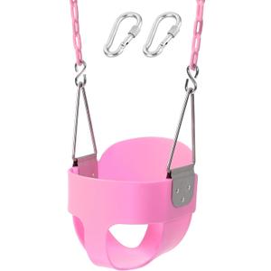Take Me Away Pink Swing Seat - Heavy Duty High Back Full Bucket Toddler Swing Seat Chain Plastic Coated Baby Swing Outdoor - Playground Swing Set Accessories Replacement, Pink 