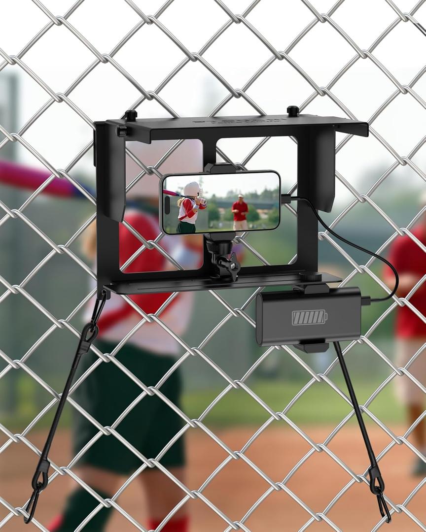 Stouchi Phone Fence Mount with Adjustable Shade, Fence Mount with Power Bank Clip for iPhone, Samsung, GoPro, Mevo Start and Other Action Cameras, Game Changer Mounting Kit for Baseball, Tennis (Black)