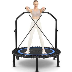 ANCHEER 40"/48" Foldable Mini Trampoline,Max Load 450lbs/550lbs Indoor Trampoline,with 4 Level Adjustable Foam Handle and Resistance Bands,Adult Exercise Trampoline for Home, Garden, and Gym (Blue)