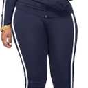 Women 2 Piece Outfits Casual Workout Sets Striped Bodycon Tracksuit Zip Up Long Sleeve Hoodle Jacket Jogger Pant Set (Medium, Navy Blue)