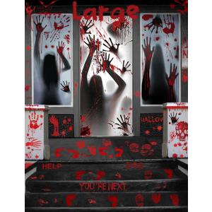 Wohohoho 11 Sheets/202 Pcs Bloody Halloween Decorations Set. 2 Giant Spooky Door Cover, 6 Sheets Horror Window Clings, 3 Sheets Scary Floor Stickers, Halloween Party Wall Decal Bedroom Inside Decor