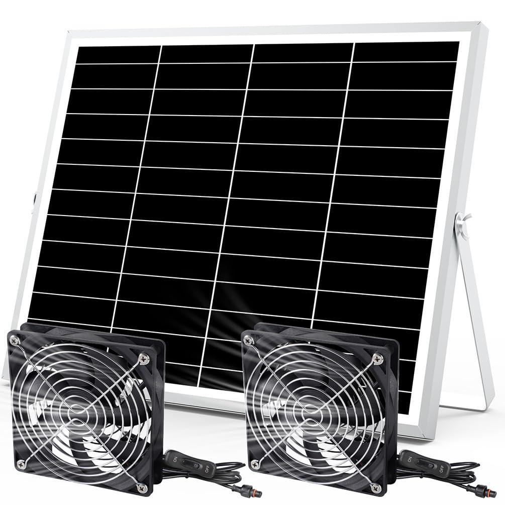 5 Inch Solar Powered Fan, Solar Exhaust Intake Fan Kit, IPX7 Waterproof Dual Fans with 13Ft On/Off Switch Cable, Cooling Ventilation for Greenhouse, Chicken Coop, Shed, Dog House, Outside