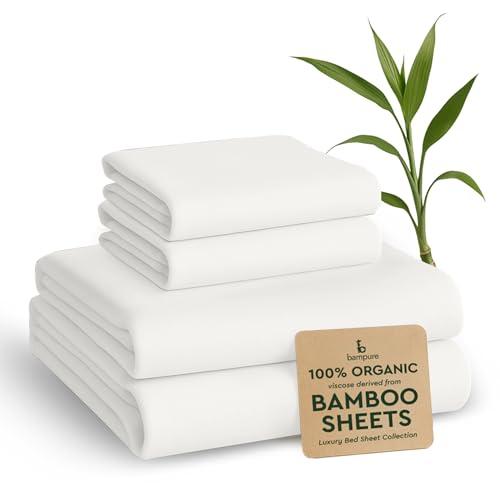 BAMPURE Luxury Series Queen Sheet Set - 100% Pure Viscose Bamboo Sheets - Super Soft, Cooling for Hot Sleepers - Deep Pocket (Up to 16'') (White)
