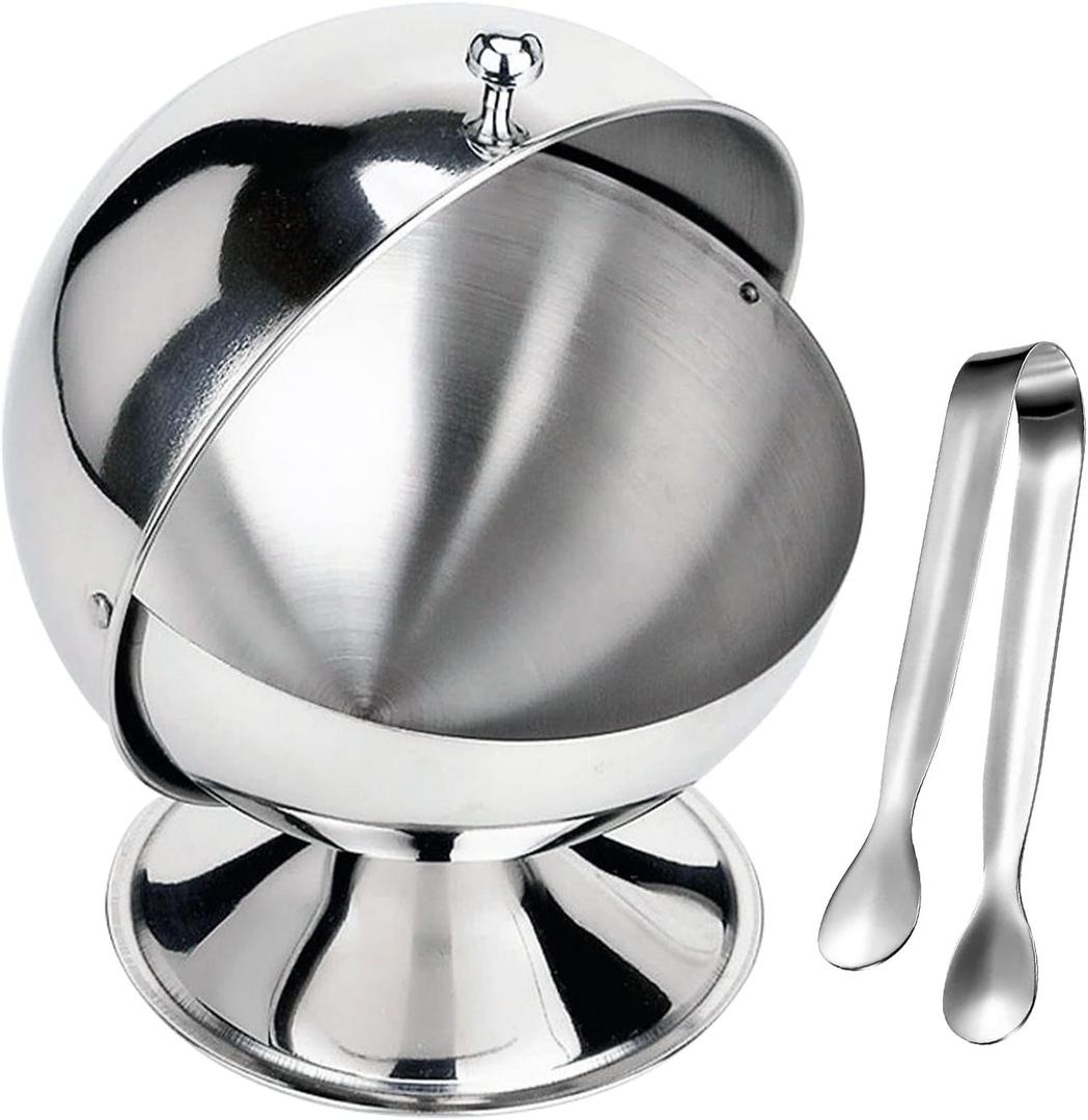 EATAKWARD Sugar Bowl with Roll Top Stainless Steel Spherical Candies Bowl with 4.3 Inch Sugar Tong Stainless Sugar Clip for Kitchen Coffee Bar Beverage Household