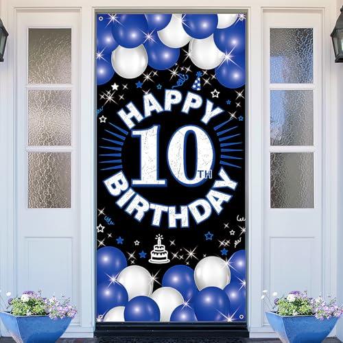 PHXEY Happy 10th Birthday Decorations for Boys & Girls, Blue Fabric Banner Backdrop for 10 Year Old Birthday Party, Perfect Photo Backdrop, Yard Sign, Cake Table Decor, Door or Entrance Sign