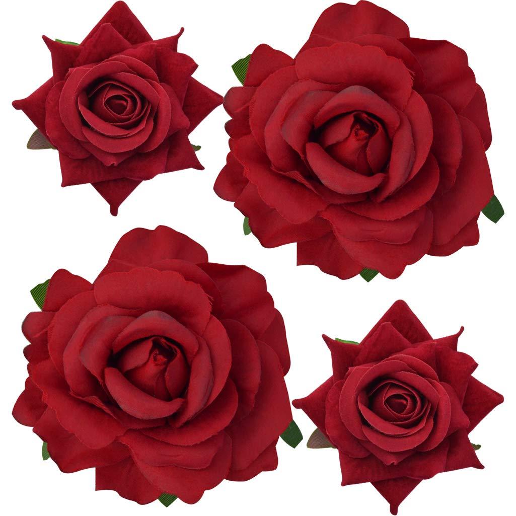 Topbuti Rose Hair Clip Flower Hairpin Brooch Floral Clips, 4 Pcs Fabric Rose Flowers Hair Clips Mexican Hair Flowers Pin up Headpieces for Woman Girl Wedding Party Mother's Day (Red)