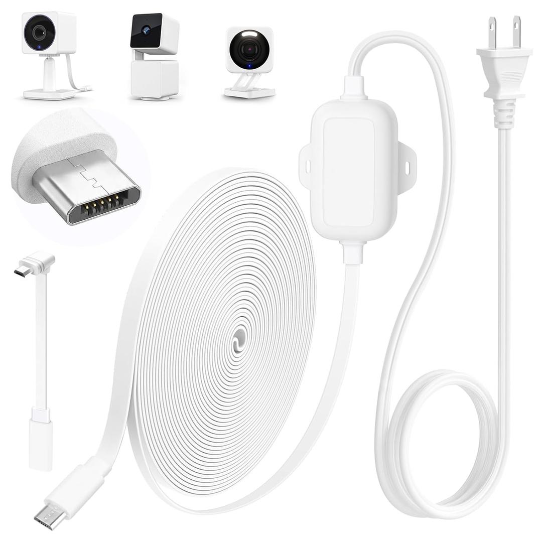 delilyn 25FT Outdoor Power Adapter for WYZE Cam V4, Cam OG/V3/V3 Pro, L-Shape Micro USB Extension Cable for WYZE Cam Pan V3, Replace for WYZE Plug, IP67 Waterproof Flat Cable Charge Your Camera (White)