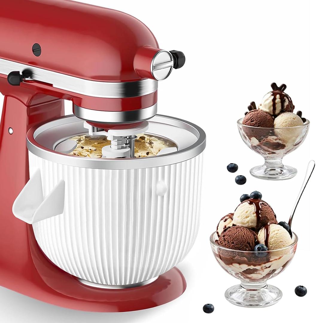 Ice Cream Maker Attachment for KitchenAid, Fits KitchenAid 4.5/5QT & 6QT Mixers, Frozen Ice Cream & Sorbet Gelato Maker, 2 Quart, White