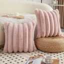 Neelvin Pink Faux Fur Cozy Soft Striped Decorative Throw Pillow Covers 16x16 inch Set of 2,Velvet Pillowcase Cushion Case for Sofa Couch