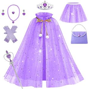 Princess Cape Set for Little Girl, 11PCS Princess Dress Up Clothes Cape Clock with Skirt for Girl 3-8 Birthday Gift (Purple)