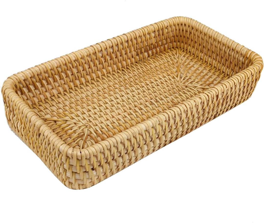 Restokki Rattan Serving Tray, Basket Organizer Tray, Rectangle Tabletop Breakfast Drinks Snack Fruit Storage Platter Handwoven Wicker Tray for Table, Coffee, Home Decor (Small) (7.9" x 4.3" x 1.6")