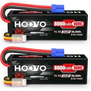 HOOVO 3S 11.1V Lipo Battery 8000mAh 100C RC Battery Hard Case with EC5 Connector for RC 1/8 1/10 Scale Vehicles Car RC Truggy Truck Airplane Helicopter Boat(2 Pack)