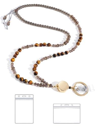 BettDecor Lanyards for ID Badges and Keys,Natural Stone Beaded Teacher Lanyard for Women,Retractable Lanyard with ID Holder Cute Lanyards for Teachers（Brown）