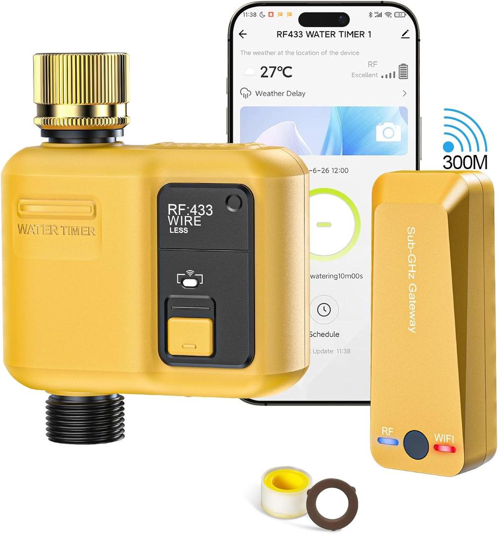 WiFi Water Timer 1 Zone for Garden Hose, Smart Sprinkler Timer with 984ft RF Range, Smart Lawn Watering System Irrigation Controller, APP/Voice Control, Rain Delay, Automatic/Manual Irrigation