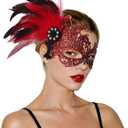 Lace Masquerade Mask for Women Mardi Gras Rhinestone Mask with Feather 1920s Venetian Party Accessories