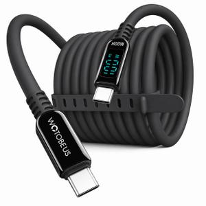 10ft Silicone USB-C to USB-C Cable with LED Power Display, Real-Time Digital Screen Shows Fast Charging Wattage, Extra Long Soft Touch Cord for iPhone, Pixel, iPad, Tablets, MacBook, Laptops