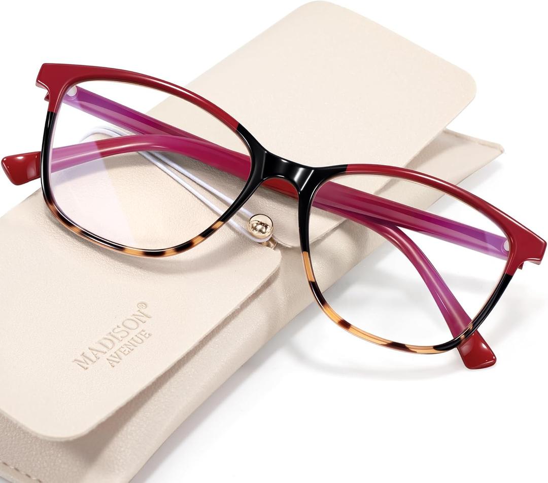 Madison Avenue Square Vintage TR90 Blue Light Blocking Reading Glasses for Women, Anti Eyestrain/Glare Computer Readers (Red Tortoiseshell)