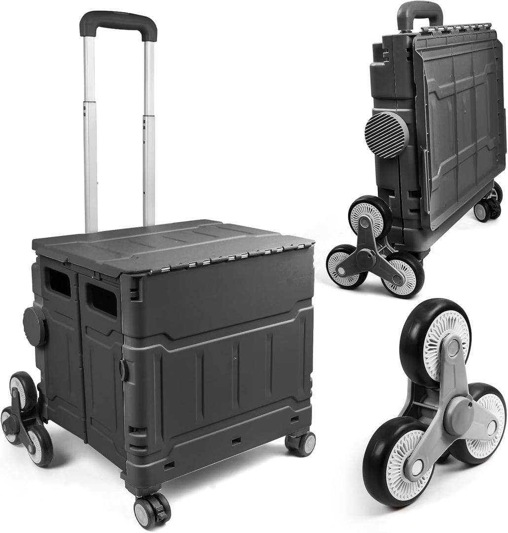 Foldable Utility Cart with 8 Wheels, Collapsible Rolling Cart with Telescoping Handle & Lid, Portable Organizer Crate for Shopping, Teachers, Office, Travel, Books, Snacks, Stairs (Black)