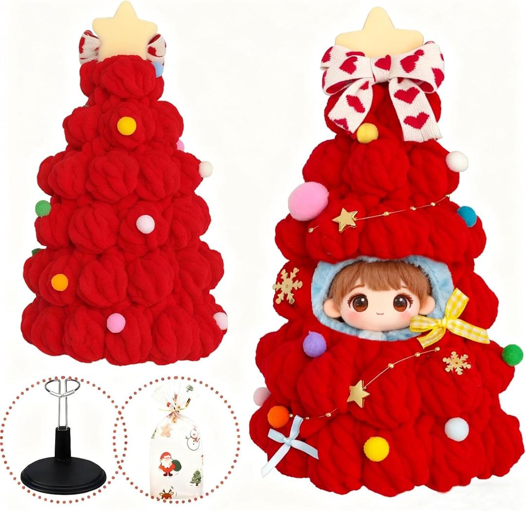 Christmas Clothes for LABUBU 17cm Doll (NO Doll), Handmade Outfit with Adjustable Dolls Stand and Gift Package for 5-9 inches Dolls, Gift for Christmas, Red (Large)