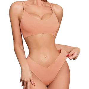 FGZ Bra and Panty Sets for Women Seamless Bralettes Lingerie Sexy Sets Comfortable Sports V Neck Bras Panty Thongs Sets (Beige, L)