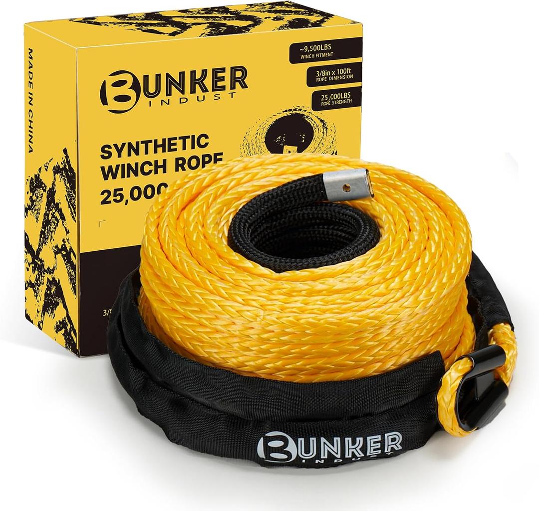 BUNKER INDUST 3/8" x 100' Synthetic Winch Rope,25000LBS Winch Cable with Protective Sleeve 100ft Winch Line Replacement for Off-Road Vehicle SUV Truck, Yellow (3/8inch x 100ft)