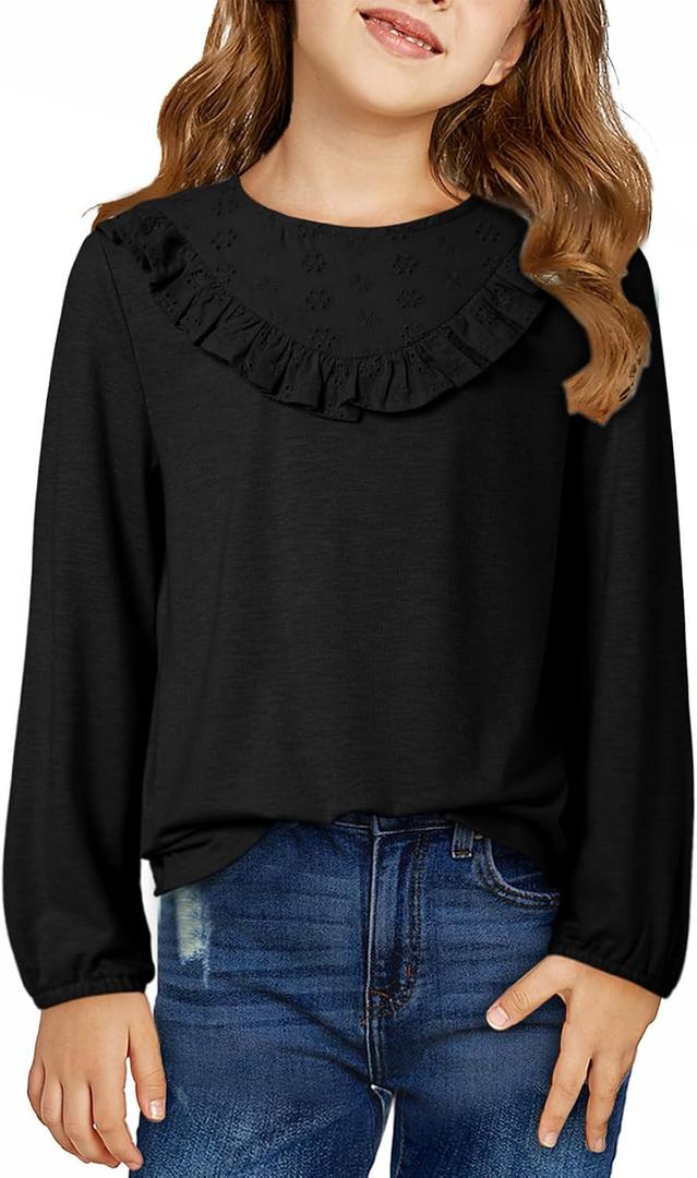 DOKOTOO KIDS Girls Cute Shirts Lace Embroidered Long Sleeve Tops 2025 Fall Fashion Knit Crewneck Blouses 6-13 Years (Black, L)