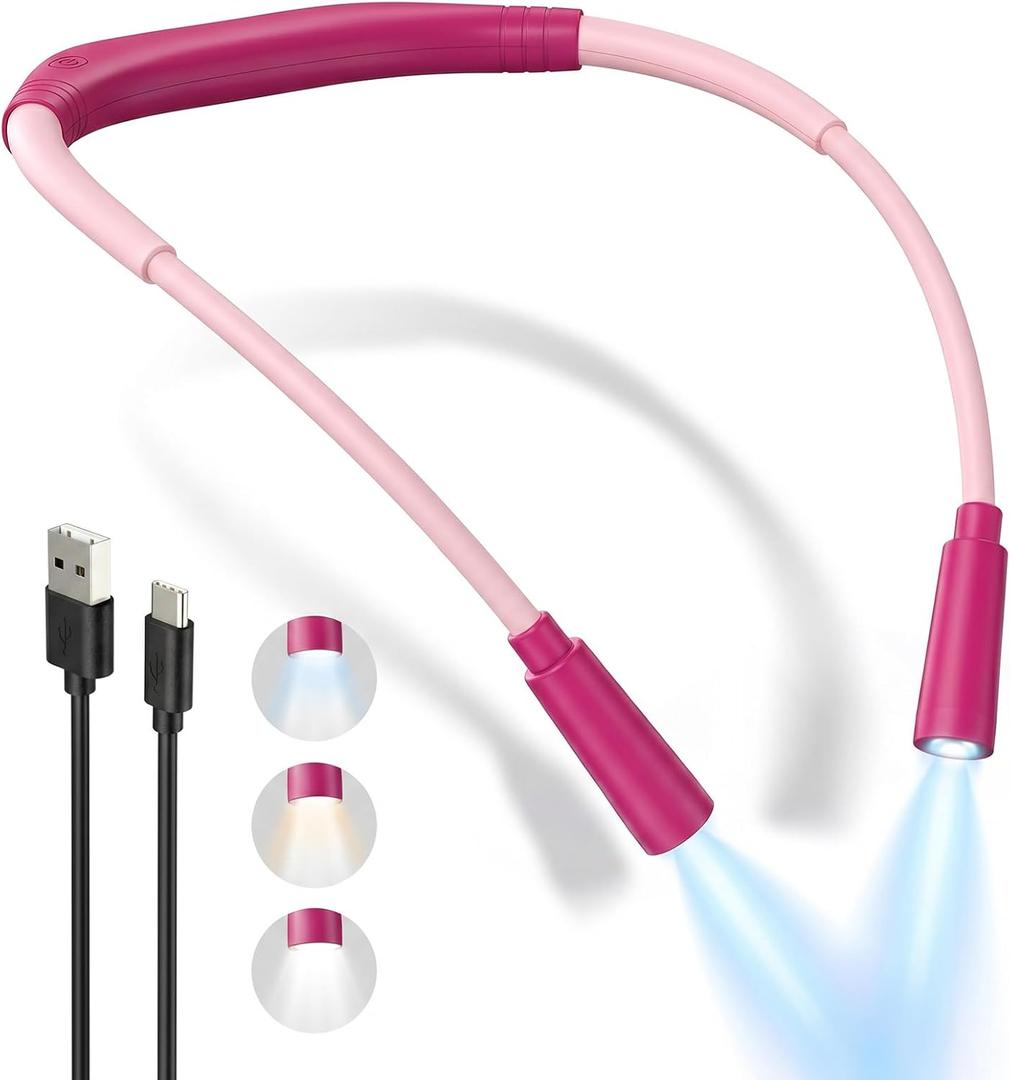 Rechargeable Book Light,3 Colors and Brightness Adjustable Reading Light,Bendable Neck Light,100hrs Long-Lasting,Perfect Reading Lamp Gift for Books in Bed, Knitting,Repairing,Working (Pink)