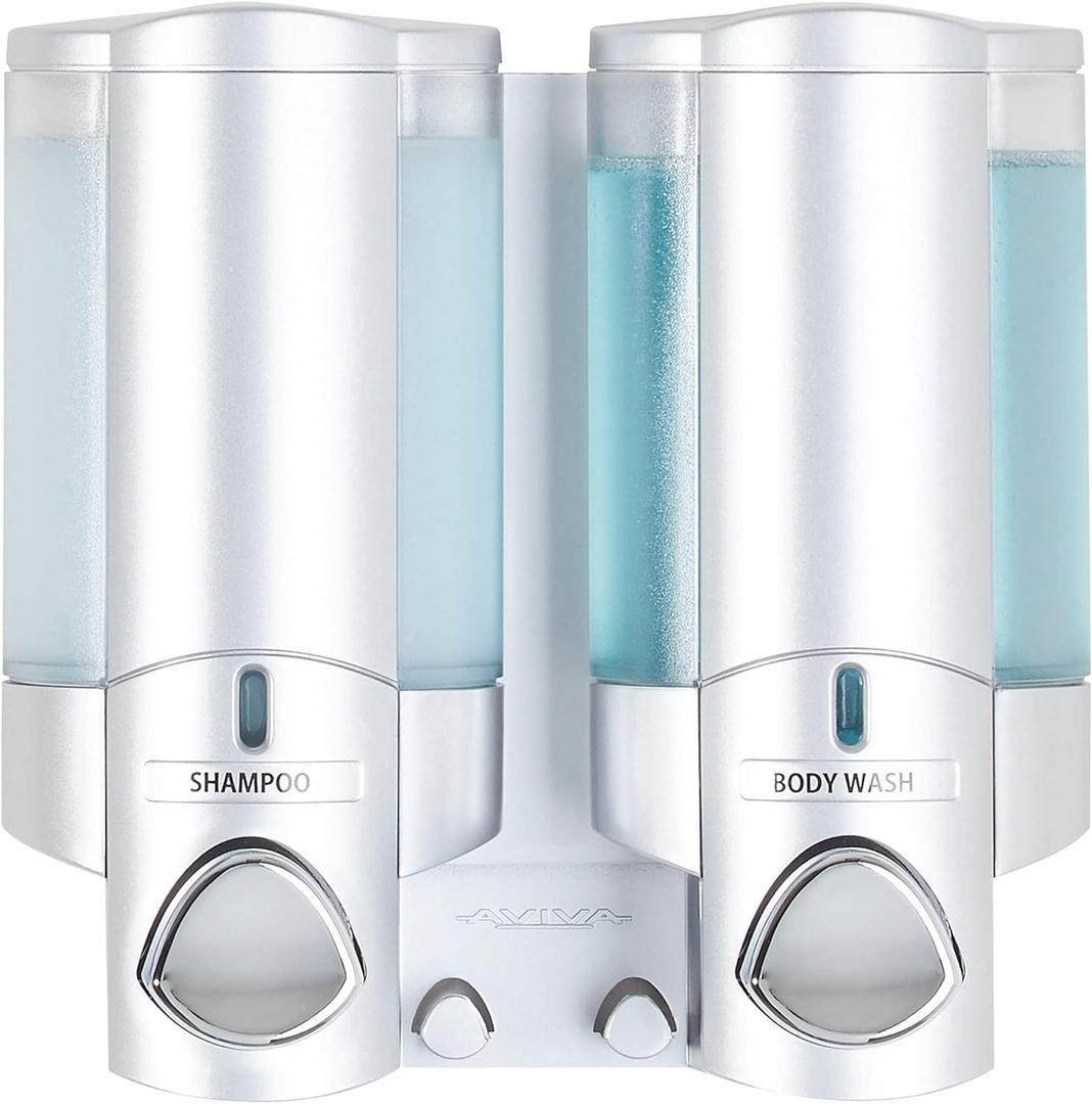 Better Living Aviva Shower Dispenser 2 Chamber, Wall Mount Shower Soap Dispenser for Bathroom Hotel Body Wash, Built-in Hooks, No Drill, Waterproof Shampoo Soap Dispenser, 2 x 11 oz, Satin Silver