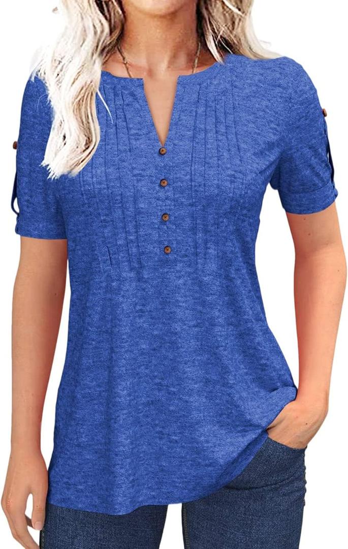 Women's Zipper Summer Pleated Button Short Sleeve T-Shirt Summer V-Neck Solid Color Casual top (Medium)