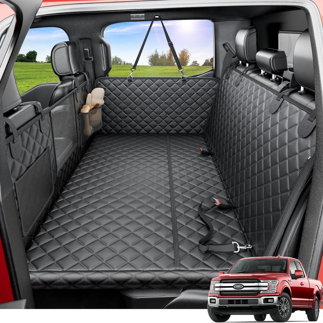 REEVAA Dog Truck Seat Cover for Back Seat, Hard Bottom Dog Hammock for Car, Pet Bed Extender for 2-4 Large Dogs, Waterproof Seat Protector, Universal XL Size Fits for Crew Cab Truck/SUV, Black