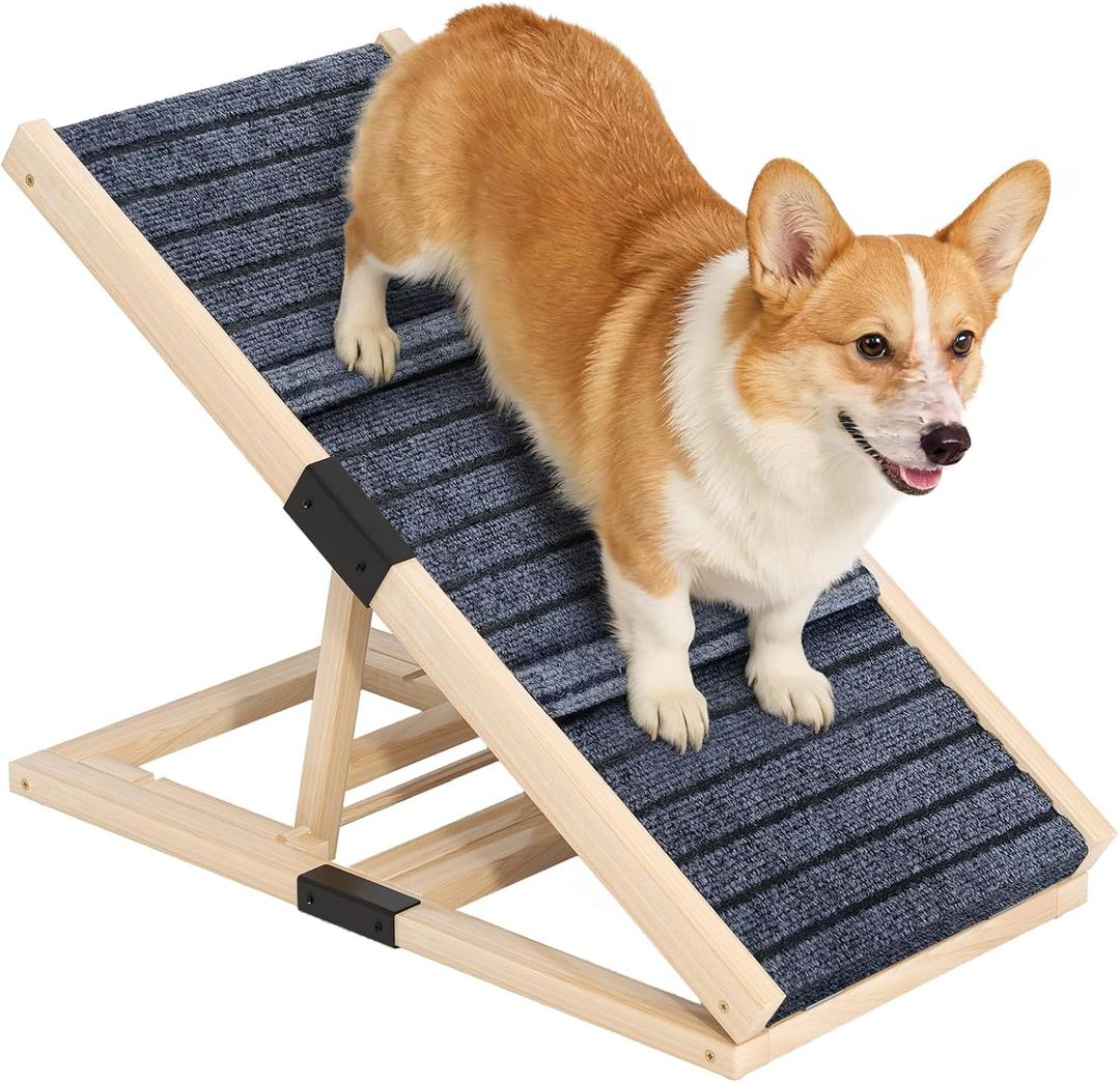 Adjustable Wooden Dog Ramp for Small & Medium Dogs, 27.6" Long x 11.8" Wide Portable Pet Ramp for Bed, Couch, Sofa & Car, Anti-Slip Carpet, Lightweight Foldable Indoor Outdoor Travel Dog Ramp