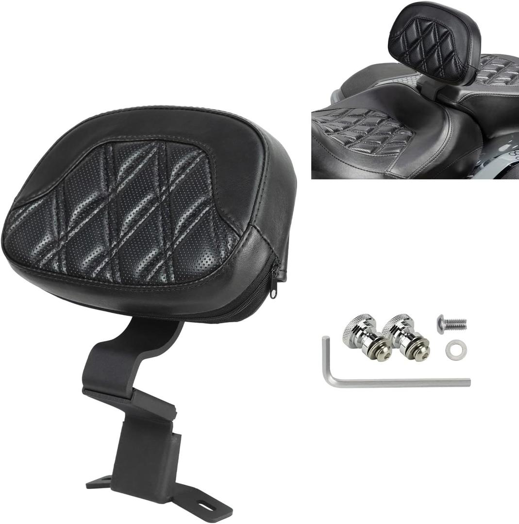 Motorcycle Front Driver Rider Backrest Pad Compatible for Harley Touring Street Glide Road King Road Glide Electra Glide CVO 2009-2022, Adjustable Motorcycle Front Driver Backrest Pad (Black Stitching-Diamond Pattern)