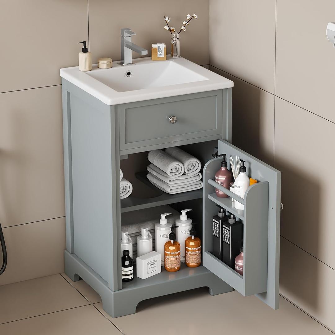 Favfurish 20" Bathroom
Favfurish 20" Bathroom Vanity with Ceramic Sink, Undermount Single Basin Bath Vanity Set w/Soft-Close Door and Storage Rack & Adjustable Shelf, Modern Freestanding Cabinet for Small Space, Grey
 Vanity with Ceramic Sink