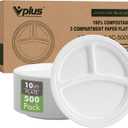 Vplus 100% Compostable Paper Plates, 500 Pack 10 Inch 3 Compartment Plates Disposable, Heavy Duty Biodegradable, Made of Sugar Cane Fibers, for Daily meals, Dinner, Parties, BBQ